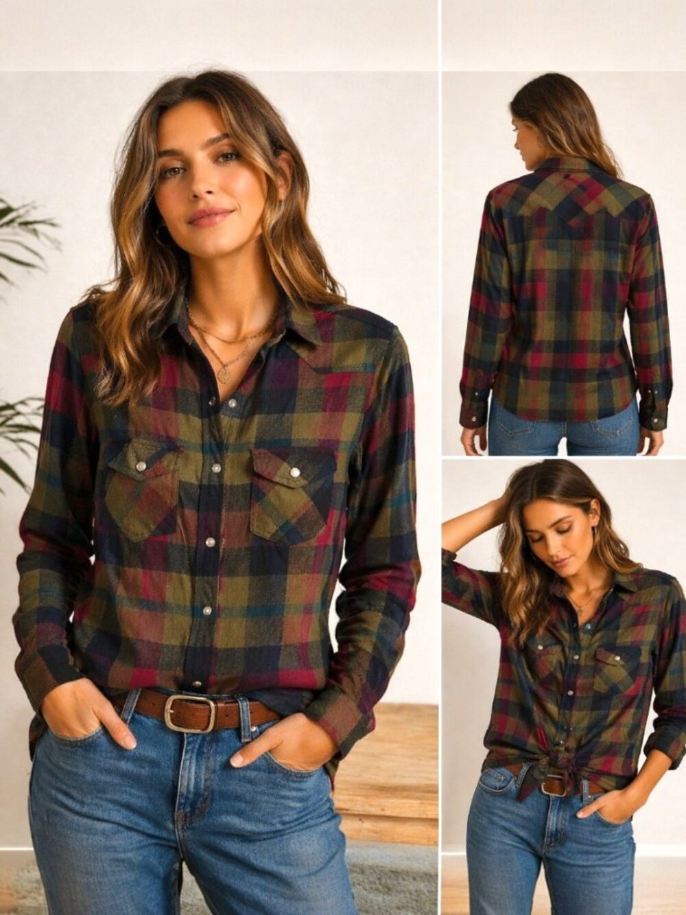 Passport Plaid Snap Button Shirt Women Medium Western Flannel Earth Tone Rustic